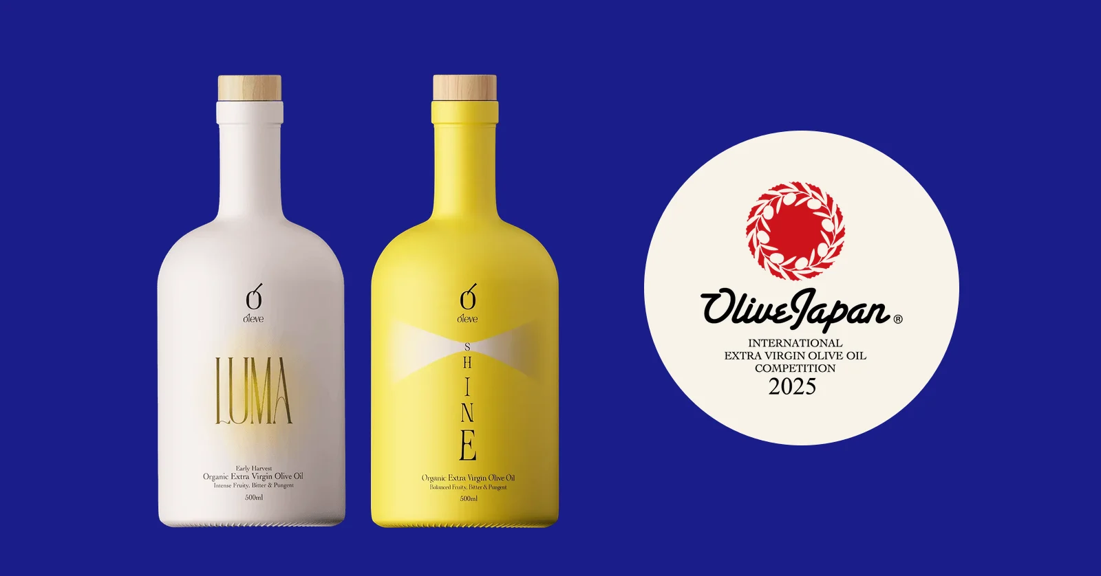 Οι φιάλες Oleve Luma και Shine δίπλα στο λογότυπο του διαγωνισμού Olive Japan 2025