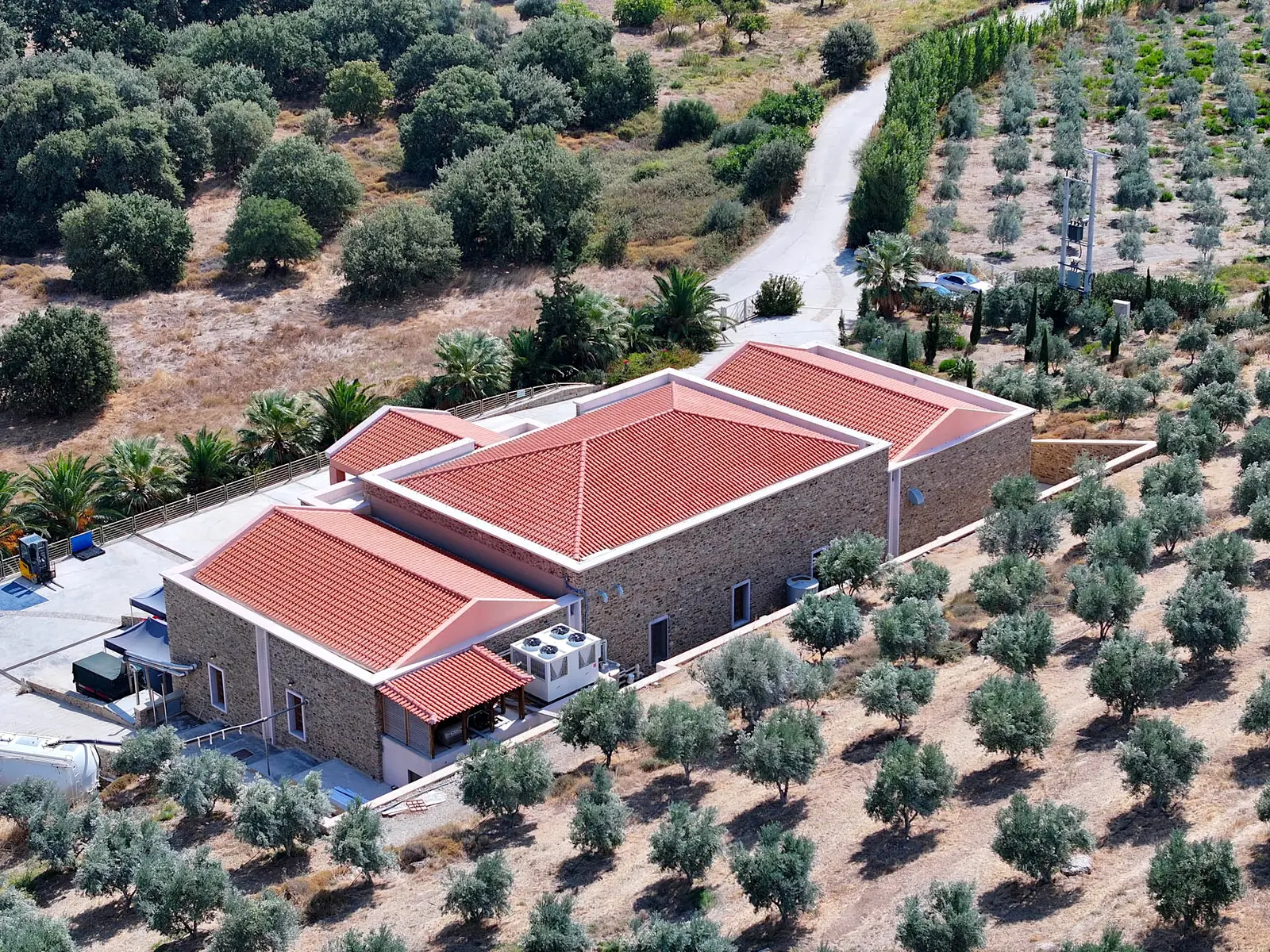 Οι στέγες του ελαιοτριβείου ανάμεσα στις ελιές, από ψηλά